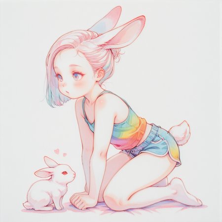 highly detailed, traditional media, cute, colorful, solo, rabbit, tank top, shorts, full body