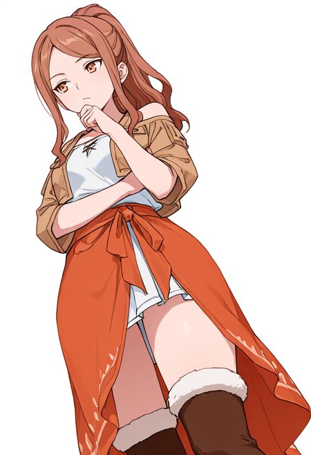 masterpiece,high quality details, absurdres,
 <lora:Aona:0.8> aona_cnr, 1girl, brown hair, long hair, ponytail, brown eyes,, simple background, white background, dynamic angle,solo,, in heat,thinking,, casual vibe,relaxed shoulders,relaxed shoulders,, cropped jacket ,tunic  ,sarong skirt,  ,fluffy legwear,