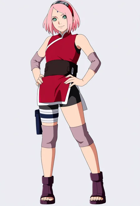masterpiece, best quality, very aesthetic, absurdres,
1girl, haruno sakura, pink hair, short hair, green eyes, hairband,
forehead mark, sleeveless shirt, bike shorts, toeless boots,
hands on hips, full body, standing,
smile, solo, looking at viewer, simple background, white background,     <lora:SakuraTheLastNoobXL_byKonan:1>