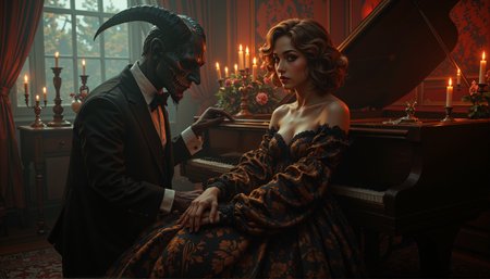 In an exquisite chiaroscuro masterpiece, the atmosphere of adult fantasy and gothic reverie comes to life in this opulent depiction of a stunning woman at a vampire masquerade. With attention to every intricate detail, the image is rendered in the best quality, embodying elegance and sophistication. The woman, with her delicate features, rosy complexion, high cheekbones, long turned-up nose, detailed eyes, and lush hair, exudes a sultry allure that captivates and seduces the viewer. With an emphasis on the masquerade aesthetic, the image features a Victorian setting where she sits barefoot in lace stockings at a grand piano beside a haunting vampire pianist. Gothic vampires revel in the masquerade around them as they indulge in amorous and licentious behavior, their actions imbued with an air of promiscuity and mystery.

A flaming goat head effigy looms ominously behind her, emphasizing the portentous mood that permeates the room. The image is rendered at ultra-high resolution in 8K, capturing every detail from the intricately designed gown to the perfect eyes and highly detailed face of both woman and vampire characters. With a focus on bright candlelit rooms, volumetric effects, atmospheric lighting, and organic yet eerie elements, the image evokes an air of adventure and mystery that is sure to enthrall any viewer who beholds it.