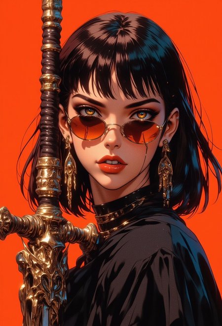 The woman has shoulder-length dark brown hair with straight bangs. Her hair is sleek, and she has a subtle light highlight at the back.
She wears round, reflective sunglasses that have a slightly tinted orange hue, which match the background color.
The woman is dressed in a dark, possibly black outfit, which gives 
She is accessorized with a large, intricate earring featuring ornamental details and chains. 
She also wears a black choker with metallic elements, enhancing the overall rebellious 
She holds a detailed, ornate sword in her right hand, which appears to have a gold or brass guard with intricate carvings. Chains dangle from the sword, adding a touch of elegance and uniqueness
The background is a bold, solid orange color, creating a striking contrast with her dark outfit and emphasizing the character