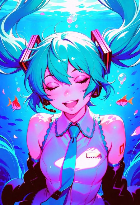 ilya kuvshinov,
masterpiece,best quality,amazing quality,
1girl,aqua hair,bubble,closed eyes,detached sleeves,fish,floating hair,hatsune miku,long hair,necktie,open mouth,petals,smile,solo,traditional media,twintails,underwater,very long hair,water,