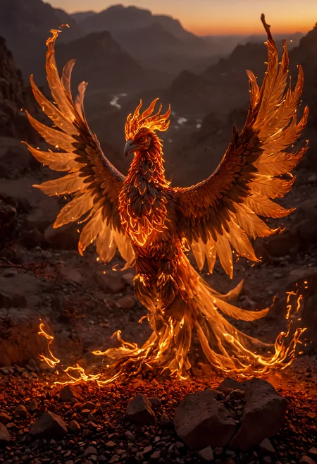 __Camera Views/cameraView/tilt-shift shot__
A majestic phoenix, wreathed in ((fiery plumes of gold and crimson __200+ (NSFW and SFW)/color/Blood Red__)), rises triumphantly from a bed of smoldering ash. Its wings, tipped with feathers that seem to ((burn like embers <lora:aidmaLightPainting-v0.1:0.8> Light Painting)), stretch towards the heavens, casting flickering shadows across the desolate landscape. Intricate details highlight every feather and talon, capturing the raw power and majesty of this mythical creature. High fantasy, vibrant colors, high resolution, best quality, rebirth, immortality, fiery beauty, majestic, awe-inspiring, detailed, dramatic lighting, bokeh, ((extreme close-up on the phoenix's eye:1.1)), reflecting the flames, __200+ (NSFW and SFW)/detail/Refined__.
__200+ (NSFW and SFW)/camera/Sony a7 IV Mirrorless Camera__
__200+ (NSFW and SFW)/focal-length/35mm - 85mm  focal length__
__200+ (NSFW and SFW)/f-stop/ƒ/2.8__
__200+ (NSFW and SFW)/iso-stop/ISO 800__, (masterpiece, award winning artwork) many details, extreme detailed, full of details, Wide range of colors, high Dynamic <lora:add-detail-xl:1> <lora:WildcardX-XL-Detail-Enhancer:0.9> <lora:aidma-Image Upgrader-v0.1:1> <lora:SDXLFaeTastic2400:0.085> <lora:MJ52:0.185> <lora:sinfully_stylish_SDKL:0.11> <lora:casting shadow style v2:0.1> <lora:CinematicStyle_v1:0.42> casting shadow style, cucoloris patterned illumination