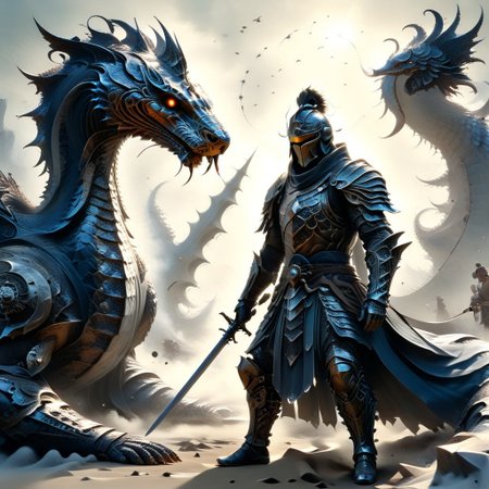 Sinoink, ral-frctlgmtry,  a knight stands with his sword at the ready to engage an enemy, battlefield, solo focus on the knight, holding a sword and shield, battle worn