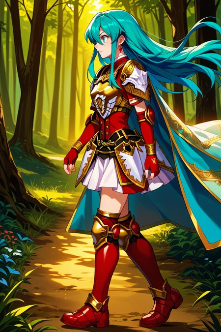score_9, score_8_up, score_7_up, score_6_up, source_anime, 1girl, solo  <lora:legendeirika-pdxl-nvwls-v1-000005:1> lgdEir, cyan hair, long hair, hair between eyes, earrings, red shirt, short sleeves, gold pauldrons, white cape, gold breastplate, armored skirt, white skirt, elbow gloves, fingerless gloves, armored boots, red boots, knee pads, full body, walking, from side, forest, night