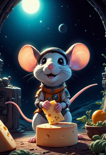cute mouse from outer space finds a rare cheese, suprised, happy, high quality, detailed, vivid colors, magical, beautiful, depth of field, deep shadows, backlit, intricate, helmet,