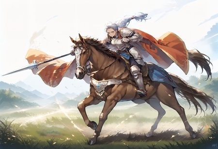 score_9,score_8_up,score_7_up,best quality,masterpiece,super detailed,extreme detailed,full_body,zPDXL BREAK (nature:1.1),(field:1.1),
<lora:Pony_DetailV2.0:1> BREAK 1girl,Cavalier,armor,cape,gloves,horse,horseback riding,holding spear,<lora:Cavalier-v2-pony:0.9>,fighting stance,charging forward,serious,