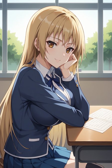 score_9, score_8_up, score_7_up, source_anime, 1girl, prefect lighting, very aesthetic, intricate details, highly detailed background, masterpiece, high quality, prefect hands, best quality, solo,
<lora:Riko_Ichinose_RanSem_V1:.85>, KJOriko, blonde hair, brown eyes, long hair, 
White school uniform, blue pleated skirt, kneehighs, long sleeves,
sitting, at desk, head rest, smug, head tilt,
School, classroom, window, sunny, tree,
(Beautiful, large Breasts:1.2), natural breasts,