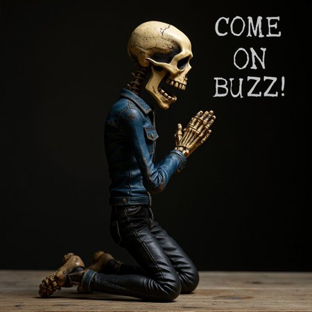shouted "COME ON BUZZ!!" in bold clear texts.
human scale TMGE skeleton FIGURE, kneeling and praying, in navy denim jacket and black denim pants. in a spotlight. 
dirty surface texture on the skeleton.
high resolution, ultra detailed.