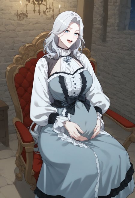 Score_9, Score_8_up, detailed background, night, pov, ruined tavern, Expressiveh, Character, zPDXL, 
1girl, Reneemacias, light blue eyes, grey hair, long hair,  Maternity wear uniform ,pregnant,
 Sit in a rocking chair,solo,living room,happy,