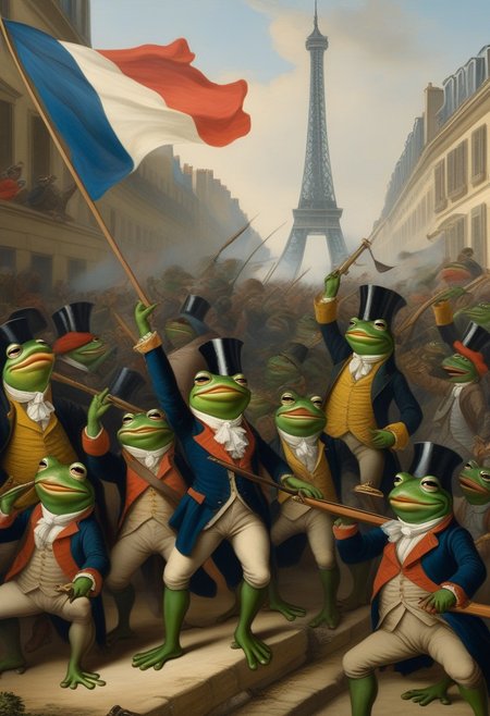 detailxl, high quality, intricate, renaissance_painting of,
frog, pepe_frog,
(crowd of frogs cheering, french during french revolution, french flag),
(paris street background),
 (Liberty-Leading-the-People-painting by Delacroix: style1.5)