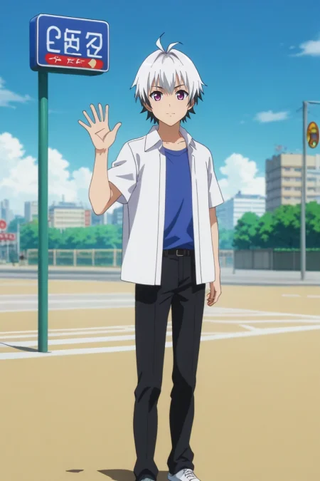 score_9, score_8_up, score_7_up, source_anime, rating_safe, intricate details, (3d:0.4), looking at viewer, depth of field, 1boy, solo, male focus, <lora:ren_elsie_jewelria_pony:0.84>, ren_elsie_jewelria, white hair, purple eyes, short hair, two-tone hair, multicolored hair, black hair, from afar, full body, bus stop, light, waving, giggling, , <lora:sdxl_lightning_8step_lora:1>