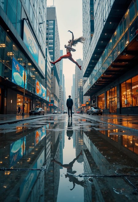 Create photographs that blend surreal artificiality with the vibrant, raw humanity of urban life, where calculated structure meets spontaneous chaos. Capture controlled studio portraits juxtaposed against the layered textures of bustling streets, allowing stiff poses to merge with candid gestures. Use harsh, direct lighting to cast sharp contrasts on natural gestures, while incorporating soft, diffused ambient city light to add a tactile, film-like quality with subtle grain.
Focus on close-up and full-body shots of isolated figures, such as performers frozen mid-action, their forms framed against dynamic backdrops of stark, minimalist walls interwoven with fractal-like reflections in puddles and glass. Play with depth of field to isolate the subject while allowing controlled, repeating patterns to spiral outward in urban textures. Clashing color palettes collide with harmonious hues, blending neon city lights with muted, studio tones. The result is a fragmented narrative where chaos and order coexist, immersing the viewer in a surreal yet emotionally resonant exploration of fractal design within both natural and controlled environments