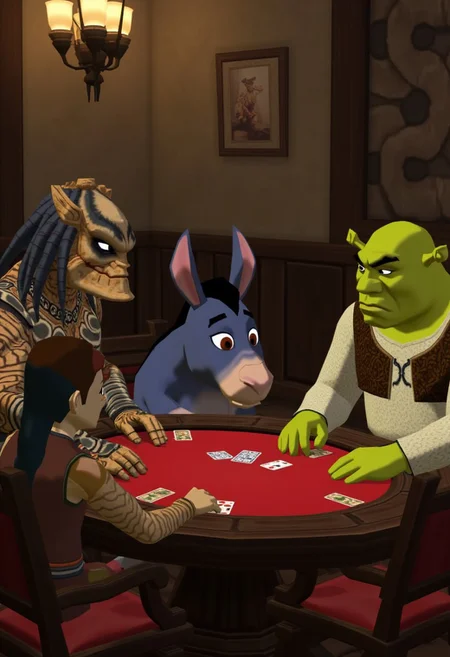 windwakerstyle, The Predator, Eeyore, Peter Griffin, and Shrek playing poker together at a table.