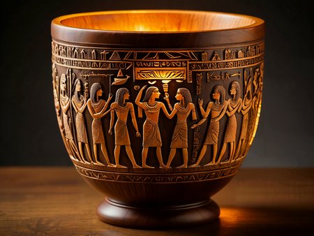 award winning photo, 

A masterpiece of artwork, the carved wooden chalice depicting scenes from ancient Egypt around the cup. (The cup glows with an ethereal light, luminous from within:1.95),