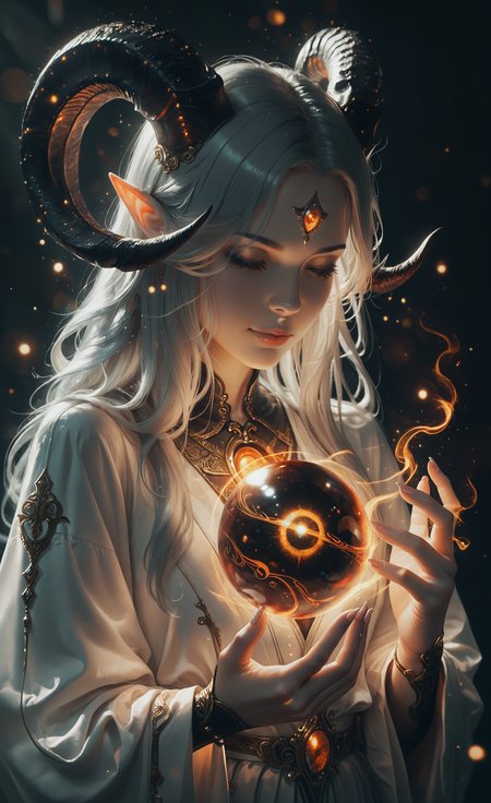 masterpiece, best quality, good quality, newest, highres, absurdres, 1girl, solo, long hair, closed mouth, upper body, closed eyes, grey hair, horns, pointy ears, fingernails, eyelashes, lips, makeup, glowing, third eye, light particles, nose, realistic, magic, curled horns, forehead jewel, orb,
shadowy lighting, cinematic atmosphere, Ethereal Brushstroke <lora:illustriousXL_stabilizer_v1.23:0.3> <lora:NOOB_vp1_detailer_by_volnovik_v1:0.3> <lora:ponyv6_noobE11_2_adamW-000017:0.45> <lora:Illustrious:0.15> <lora:WSSKX_WAI:0.7> <lora:-_iLL_-_the_edgy_mech_V2.0-:0.7> <lora:zy_illustrious_Realism_Enhancer_v1:0.4>