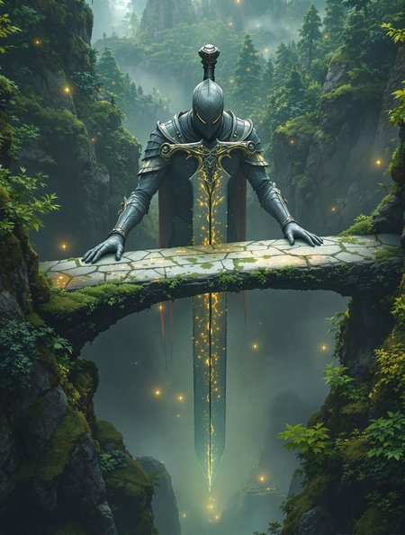 Here’s the revised prompt emphasizing the knight offering the sword like a tray, with hands beneath it:
"A mesmerizing mystical landscape viewed from a bird’s-eye perspective, featuring a colossal stone knight as the central figure. The knight is in a kneeling position atop a moss-covered rocky pedestal, holding a massive sword horizontally in both hands as if offering it like a tray. His stone hands are positioned palms-up beneath the sword, supporting its weight. The sword, ancient and weathered, forms a bridge spanning a deep chasm, its surface cracked and adorned with creeping moss and vines. The knight’s figure, carved from weathered stone, is covered with intricate carvings and patterns, now faded by time, and further adorned with patches of moss and small plants growing from its crevices.
Behind the bridge lies an enchanting, otherworldly forest, dense with towering trees and thick foliage. The forest is shrouded in a soft, glowing mist, with faint bioluminescent lights emanating from the vegetation, casting an ethereal glow. Rays of cinematic light break through the mist, illuminating the knight, the sword bridge, and the surrounding area with a surreal, golden-green hue. Every detail is rendered with maximum precision, from the textures of the knight’s cracked stone surface to the vibrant, mystical forest. The atmosphere is one of reverence, ancient mystery, and awe-inspiring beauty."