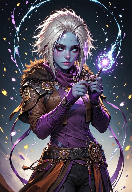 ((zPDXL3)), ((masterpiece,best quality, highly detailed)), ((score_9)), score_8_up, score_7_up, score_6_up, score_5_up, score_4_up, Digital painting style, brushstrokes, ((EnhanceImage)), solo, 1girl, mara sov, blue skin, fur trim, brown jacket, fur-trimmed jacket, cropped jacket, shoulder armor, long sleeves, purple gloves, fingerless gloves, black pants, belt,
Expressiveh, 30yo, 
chinese magical sorceress, animated, swirling magic, wisps of magic, magical accessories, evoking motion, conveying motion, dynamic splash art, ((handfixer)), four fingers, one thumb, 
<lora:PainterlyFantasiaPDXL:0.6>,