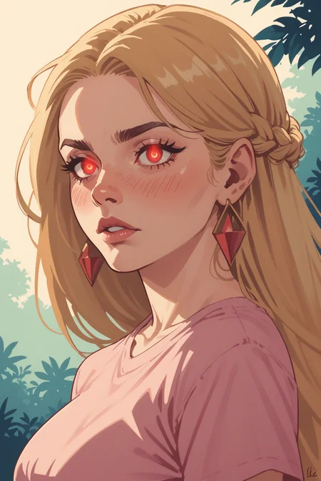 1girl, solo, jewelry, blonde hair, earrings, braid, breasts, parted lips, , pink shirt, from side, long hair, glowing, shirt, glowing eyes, upper body, outdoors, red eyes, forehead, blush, eyelashes,  under eye, profile, large breasts, makeup, zPDXL3,  PnyCmicXLPOS, detailxl,  (lineless, vector art:1.5) ,