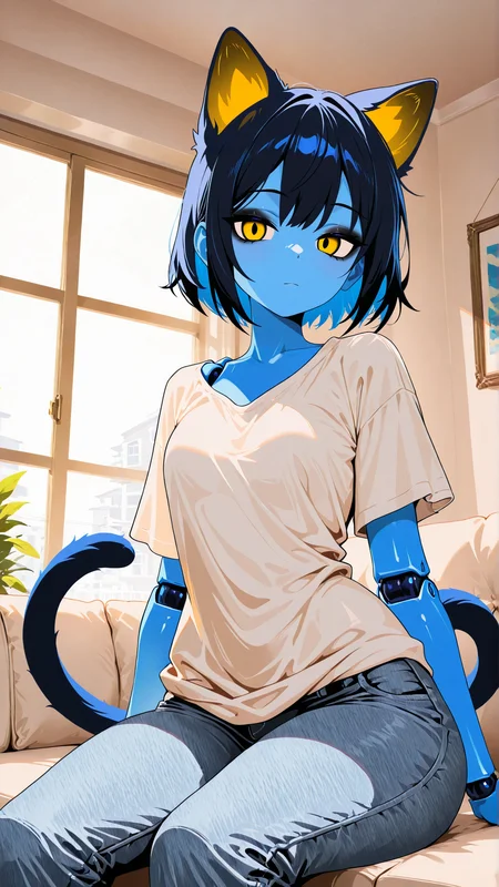 masterpiece, best quality, amazing quality, absurd res,
Flatline, Flat vector illustration, masterpiece, best quality, good quality, very aesthetic, absurdres, newest, 8K, depth of field, focused subject, dynamic closeup angle,
 <lora:Capek_mrbalderus_for_Illustrious:0.7> 1girl, c4pek, cat ears, cat tail, short hair, colored skin, blue skin, yellow eyes, joints, blue hair, black eyeshadow, medium hips, short, dark blue ears, dark blue tail, gold inner ear, 
 shirt, jeans, indoors, living room, window, sitting on couch,