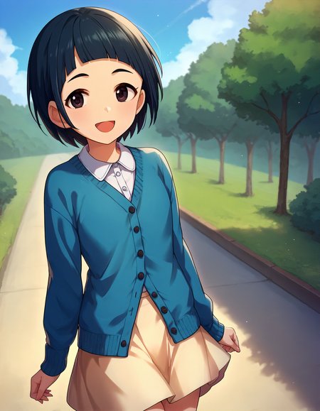 score_9,score_8_up,score_7_up,1girl,solo,cowboy shot,looking at viewer,smile,open mouth,outdoors,
<lora:okazakiyasuha_ponyXLV6:0.8>,cgoys,
black hair,short hair,blunt bangs,black eyes,
blue cardigan,skirt