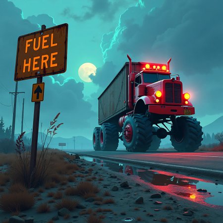 "Ilya Kuvshinov" style.
Visually absurdly cluttered fantasy landscape.
"Monster Truck America".
Lot's of wind and magical lights scattered everywhere.
Dusk.
Long shadows.
A rusty road sign says "FUEL HERE" with a pointing-down-arrow underneath it.
By "Simon Stalenhag".
Life-like details.
Cinematic. 
Dramatic. 
Dynamic. 
Extremely refined lines and and shapes.
Extremely refined details on objects.
Sharp details.
Wide range of colors.
Many details everywhere. Ray-Tracing. Anti-Aliasing. Realistic soft shadows. Low saturation colors. Insane quality. Insane resolution. Insane details. Masterpiece. 32k resolution.