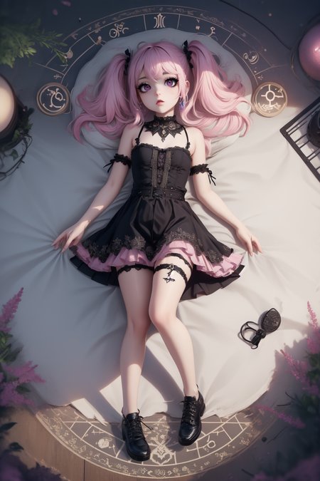 breathtaking full shot, full body, 1girl,  from above, magic circle on the floor, <lora:edgPastelGothFashionv1:0.45> edgPastelGoth, pink outfit, wearing edgPastelGoth <lora:snak3platf0rm:0.4> snak3platf0rm eyeliner5 EyeDetail HairDetail <lora:water-a-e-style-darquelilly-v1:1> waterastrologystyle <lora:egirlmakeup:0.3> egirlmakeup, masterpiece, award-winning, professional, highly detailed