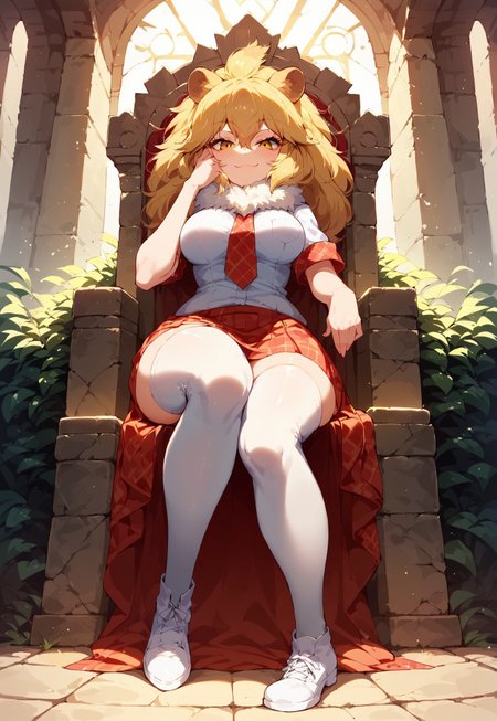 safe_pos, 1girl, ((solo)), best quality, ultra-detailed, extremely detailed, perfect anatomy, masterpiece, score_9, score_8_up, score_7_up, Expressiveh, lion (kemono friends), blonde hair, animal ears, tail, yellow eyes, long hair, hair between eyes, white shirt, short sleeves, fur collar, red skirt, plaid skirt, red necktie, plaid necktie, thighhighs, breast pocket, white shoes, medium breasts, thick thighs, wide hips, thigh squish, full body, indoors, medieval ruins, throne room ruins, stone throne, plant overgrowth, light shining in through windows, windows on sides, sitting in throne, leaning into throne, one leg crossed, resting elbow on leg, leaning forward, resting hand on cheek, confident look, confident smile, smug smile, staring at viewer, viewed from below, dynamic lighting, portrait shot, 