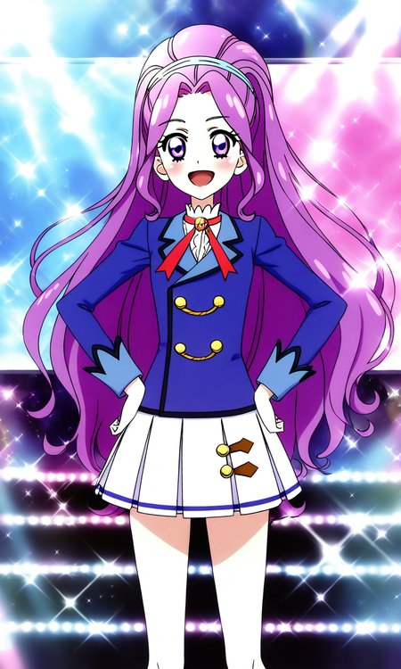 general,highres, ultra-detailed,very aesthetic,best quality ,best hands, BREAK <lora:Kanzaki_Mizuki_aikatsu!_IS:1>
kanzaki_mizuki(aikatsu!), 1girl, solo, purple hair, purple eyes, long hair, ponytail, high ponytail, hairband, very long hair,
starlight academy school uniform,
smile, happy,open mouth, :d,
sparkle, hand on hip, stage,