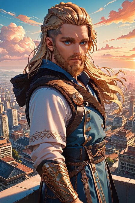 score_9, score_8_up, score_7_up, score_6_up
<lora:ACMEivor:1.0>
ACMEivor, 1boy, blonde hair, long hair, blue eyes, beard, looking at viewer, in a tailored suit, standing on a rooftop overlooking a city skyline at sunset, golden hour, wind blowing through his hair, dramatic shadows