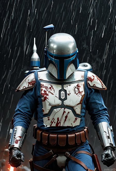 <lora:Jango-PXL:1.2>  jango-pxl, jango fett, solo, black background, simple background, damaged, torn clothes, blood, rain, fighting stance, water, blue and red theme, spacecraft, smoke, sparkle,, score_9, score_8_up, score_7_up, score_6_up, score_5_up, score_4_up