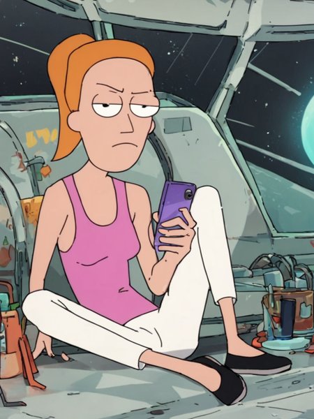 ,  looking at viewer, spacecraft,<lora:SummerPony1.0:1>,summer.smith, orange hair, 1girl, ponytail, solo, pink tank top, white pants, phone,text messaging,black footwear,bored,  score_9, score_8_up, score_7_up, score_6_up