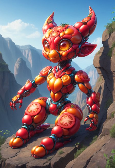 A lying robot alien, mobe-tomamph,  cute and adorable like a pixar movie extrem-close-up shot, outdoor, cliff, masterpiece, absurdres, vibrant, dynamic angle, dynamic pose,  <lora:T0m4t0M0rph-V1:1>,