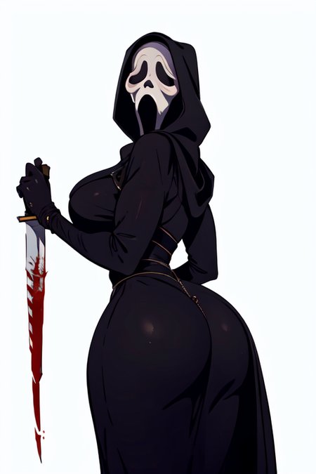 masterpiece,best quality,extreme detail,8k,white background,<lora:ghostface:0.8>,ghostface,1girl,solo,breasts,large breasts,simple background,gloves,dress,black gloves,hood,black dress,mask,hood up,long dress,holding knife,blood,ass,showing the ass
