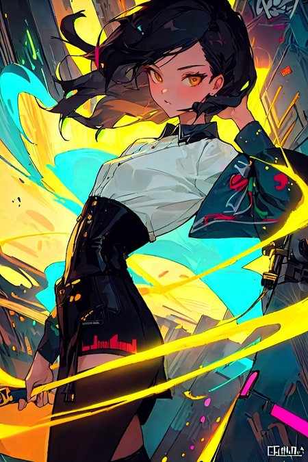 safe_pos, masterpiece,best quality, highly detailed, score_9, score_8_up, score_7_up, , masterpiece, best quality, ultra-detailed, realistic, perfect face

cyberpunk, geisha, petite build, small breasts. Neon strapless pink Underbust corset, transparent white collared shirt, high-waisted pleated skirt, thigh-high stockings, jet-black hair, long loose side braid, long bangs, amber eyes, neon glow, graffiti punk aesthetics, expressive face, modern clothing


,masterpiece,best quality,amazing quality, hyper realistic, high detail, intricate design, dynamic lighting,  

