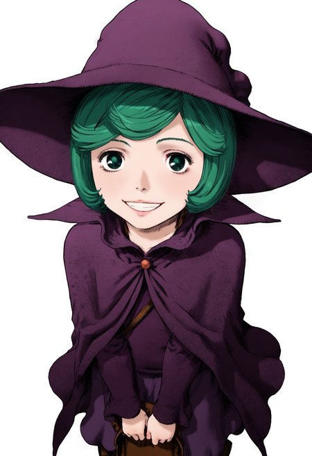 score_9, score_8_up, score_7_up, source_anime BREAK, 1girl, solo, white background,  <lora:DX888Schierke:1>, schierke, bob cut, green hair, green eyes, witch, witch hat, cloak, cowboy shot, smile,  v,from above,