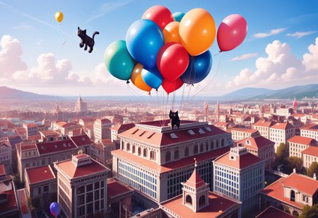 (masterpiece), (score_9, score_8_up, score_7_up,source_anime), best quality, ultra-detailed,24K, illustration, (Uncorrected), CG, 
Latex, 
Multiple balloons, huge balloon, 
cat balloon, animal balloon, balloon cat, balloon animal, 
modern city, rooftop,