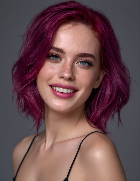 realistic skin texture, freckles, hasselblad H5D-50c, realistic photo of a beautiful woman with medium length magenta hair wearing a low cut tanktop and short shorts that is evil and happy, mirrored background with completely rendered reflections, art by Range Murata and Artgerm highly detailed, digital painting, trending on artstation, sharp focus, D&D, illustration, style of Stanley Artgerm, perfect smile vogue, awards, model