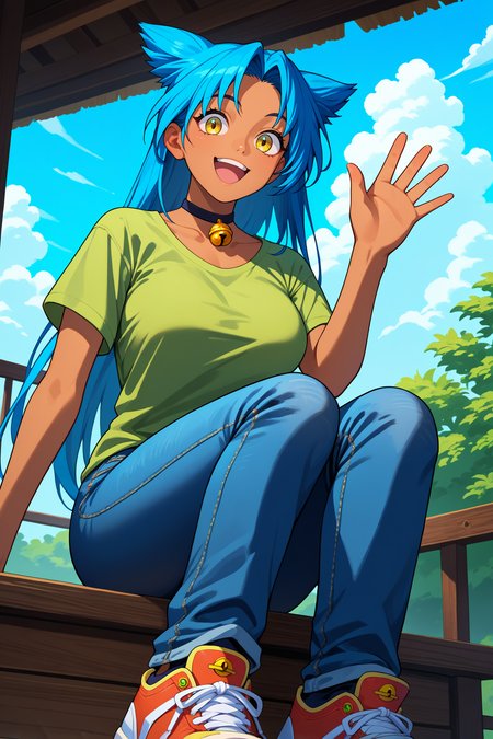score_9, score_8_up, score_7_up, score_6_up, source_anime, 1girl, solo <lora:suzume-pdxl-nvwls-v1-000005:1> rnSzme, blue hair, long hair, yellow eyes, dark-skinned female, black choker, neck bell, green t-shirt, large breasts, sitting, jeans, waving, happy, from below, sitting, sneakers, whole body, blue sky, clouds, looking at you, wide shot