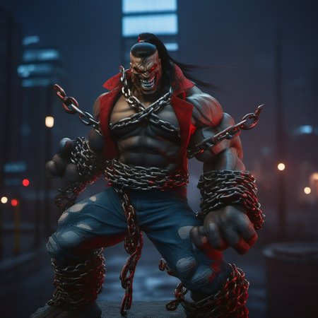 cinematic photo a muscular man, veins, chains, red eyes, pony tail, black hair, claws, breaking chains,  night city lights background <lora:Pitt1024:0.8> . 35mm photograph, film, bokeh, professional, 4k, highly detailed