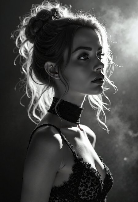A highly detailed, black-and-white, silhouette, closeup, professional photo portrait of a young woman with a delicate, almost otherworldly beauty. She has fair, porcelain-like skin and striking almond-shaped eyes framed by long, dark lashes that draw attention to her gaze. Se is looking to the left, away from viewer. Her hair is voluminous and styled in an elegant updo, with soft, loose strands falling around her face to soften her features. Her lips are full and slightly parted, lending a subtle, sultry allure to her expression. She wears a form-fitting, high-necked top made of delicate, fishnet fabric, which accentuates her slender physique and adds a touch of subtle sensuality. The background is pitch black, with smoke behind the woman, creating a dramatic contrast with her light skin and hair, drawing the viewerâs focus entirely onto her. The lighting, hitting only one side of her face, is hard in chiaroscuro style, giving depth to her features and an air of mystery. The overall style blends gothic and fantasy influences, with a strong emphasis on realism and a refined sense of elegance and enigma.