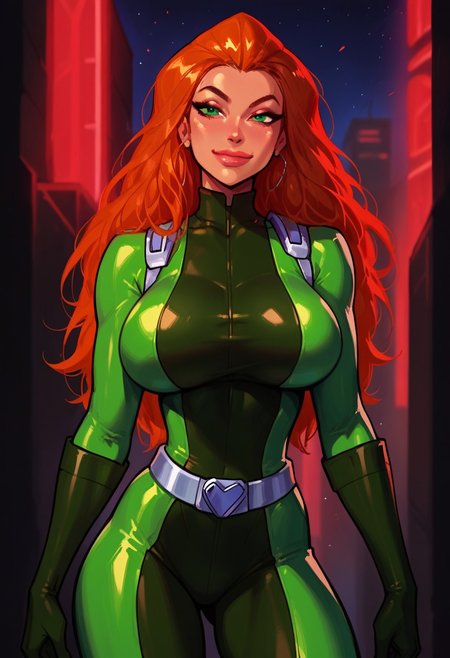 score_9, score_8_up, score_7_up, score_6_up, score_5_up, score_4_up, masterpiece, perfect face, perfect eyes, 4ng3l face, neon city, night time, sexy girl, Sam, 1girl, solo, sam \(totally spies\), orange hair, long hair, green eyes, Sam sexy posing, green bodysuit, belt, standing, (large breasts:1.3), thick thighs, seductive look, seductive smile, closed mouth, front view,