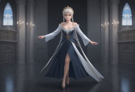 1 woman, yor briar, yor forgfer, holding iconic yellow sewing needle knives, wearing a blue Elsa dress, smiling, standing in an icy palace, black heels, big breasts with cleavage, elegant ballroom made of ice, squaring off against villains, saving Anya or Loid from distress, hair braided like Elsa, icy blue ballgown, dynamic pose