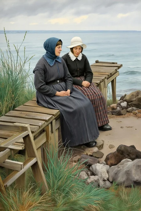 lauritsandersenring1 painting. 
Two women sit on a wooden dock that extends into the water. One wears a blue bonnet, the other a white hat. The dock is weathered, with a ladder leading down to the shore. Tall grasses and rocks surround them. The background shows a calm body of water and an overcast sky. <lora:lauritsandersenring1_cap_d8a4e13:1.0><lora:857010123028079528:0>