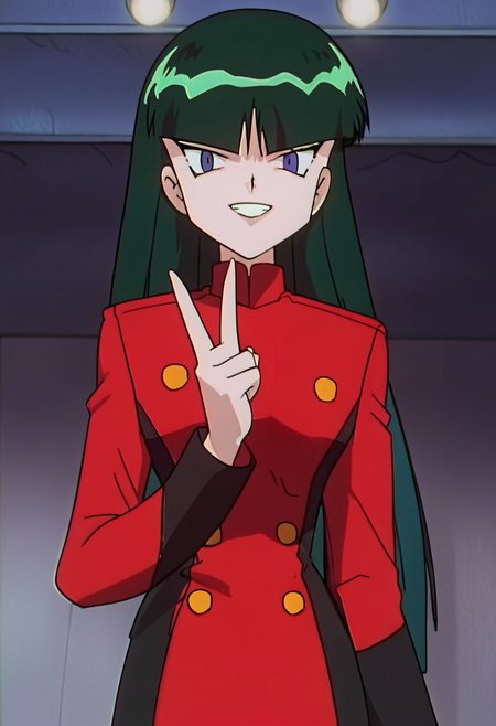 score_9,score_8_up,score_7_up,score_6_up, easynegative, negative_hand, Expressiveh, anime, screencap, source_anime, 
PKMNSabrina, 1girl, green hair, long hair, blunt bangs, hime cut, blue eyes, eyelashes, long sleeves, double-breasted, red short dress, buttons, black thighhigh heel boots, zettai ryouiki
BREAK, smile, looking at viewer, cowboy shot, upper body, v, victory, indoors, face focus, grin, teeth