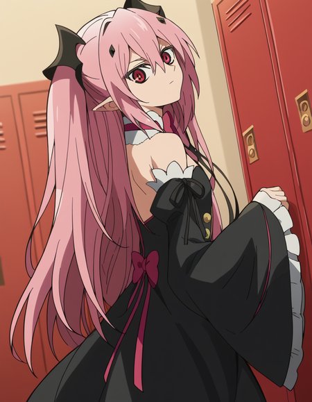 score_9, score_8_up, score_7_up, source_anime, <lora:krul-tepes-s2-ponyxl-lora-nochekaiser:1>, krul tepes, long hair, red eyes, pink hair, pointy ears, hair ornament, anime screencap, dress, bare shoulders, detached sleeves, wide sleeves, detached collar, black dress, bowtie,, changing room, lockers, benches, clothes, privacy, , <lora:shaft-look-ponyxl-lora-nochekaiser:1>, shaft look, looking back, from behind, head tilt,, looking at viewer, solo,, dutch angle, cowboy shot