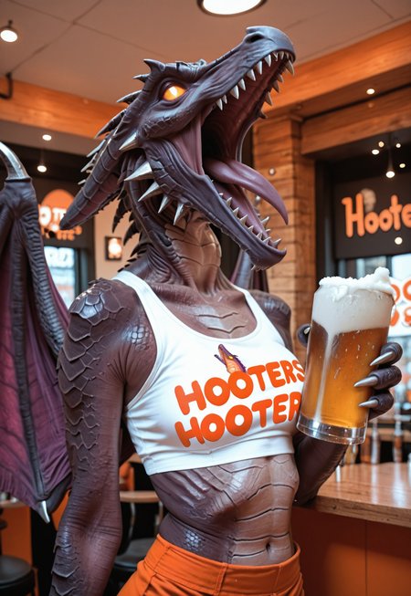 masterpiece,best quality,amazing quality, realistic, photorealism,1girl, solo,r1dl3y, dragon, thin, skinny,purple wings, non-mammal breasts, colored sclera,  roaring, wearing hooters outfit, holding beer, hooters restaurant background