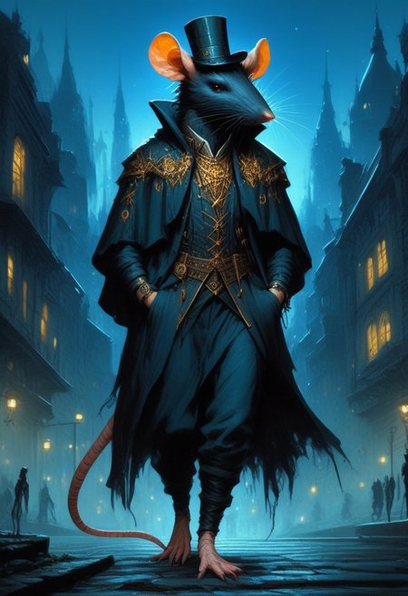 BREAK score_9, score_8_up, score_7_up,  night time, city, ominous, rat, top hat, cloak, smug, hands in pockets, gold ring, pocket watch, walking cane, full body shot, (one tail: 1.1)
(masterpiece, best quality, ultra detailed, intricate details:1.2), (detailed face:1.1), (rat folk:1.5) <lora:RPGRatFolkXL:1>
