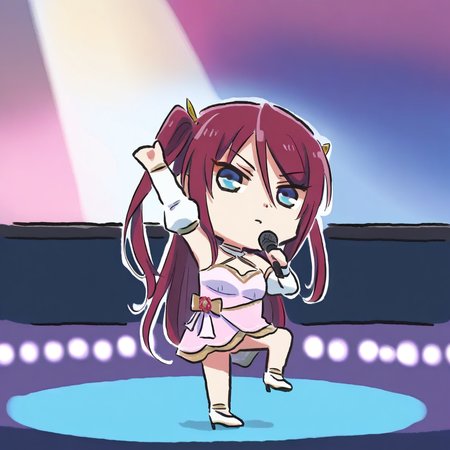 newest stylish, extreme aesthetic, 1girl, solo, BeatriceKushan, standing on one leg, dancing, arm above head, hand up, holding microphone, pink dress, juliet sleeves, bare shoulders, detached sleeves, two side up, looking at viewer, chibi, full body, xinzoruo, stage, screen, spotlight, <lora:Bea&KilaKushan-ilxi01:0.5>, <lora:XinzoruoStyle2_AnimagineXLv3:0.5>