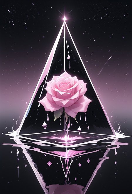 (masterpiece), best quality, Anime, Illustration, (Floating Pyramid, Crystal, Magic, Reflection, Melting, Dripping, Pink Rose), Black Background, No Humans, Starry Theme, (Light Refraction), White and Pink Theme, Natural Lighting, Verynsty